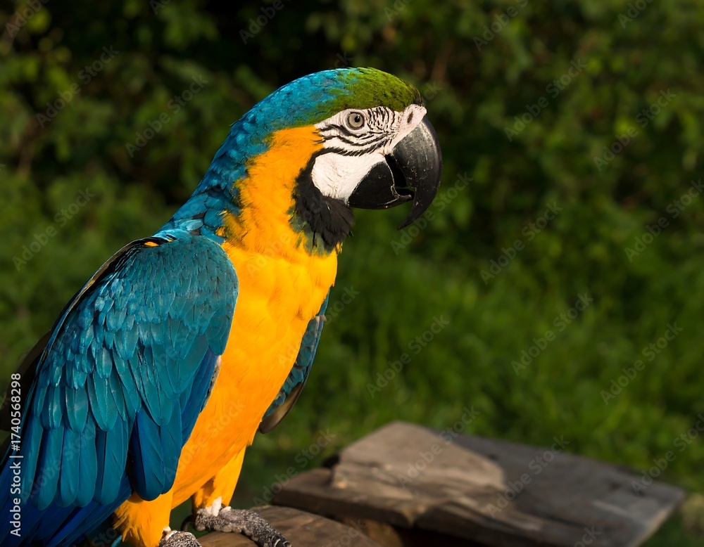 Fototapeta premium Portrait of a colorful macaw parrot with blue and yellow plumage