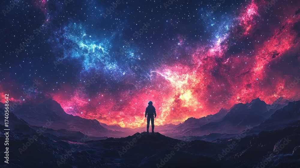 Fototapeta premium Lone Explorer Standing Under a Colorful Starry Galaxy.