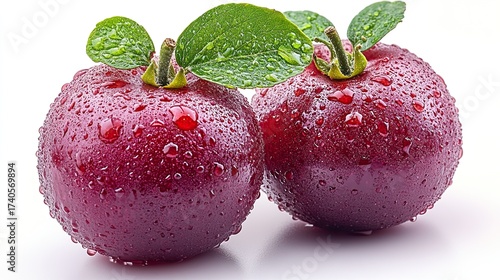 Two Fresh Red Apples with Green Leaves and Water Droplets.