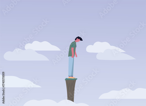 Man standing on a pedestal in the sky with clouds around. Depression Concept.