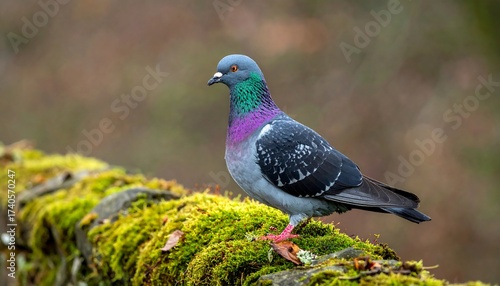 Pigeon Perched on Mossy Ledge in Natural Setting.