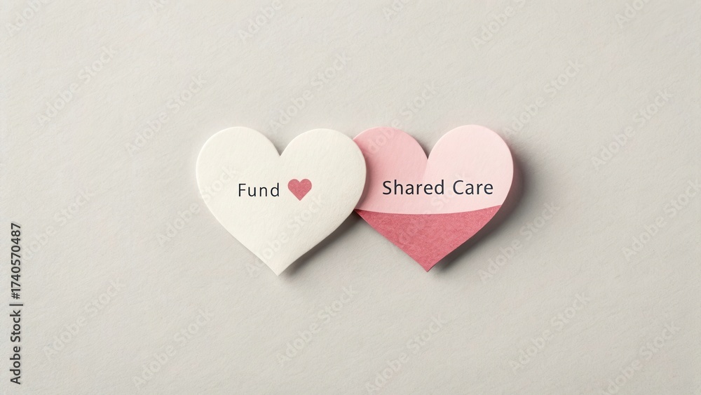 Fototapeta premium Hearts with Text Fund and Shared Care on Neutral Background for Community Support and Fundraising Concept