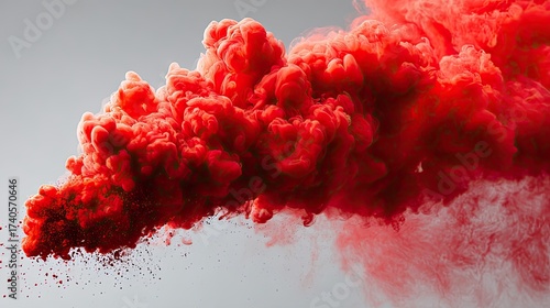 Vibrant red cloud of smoke against a soft gray background