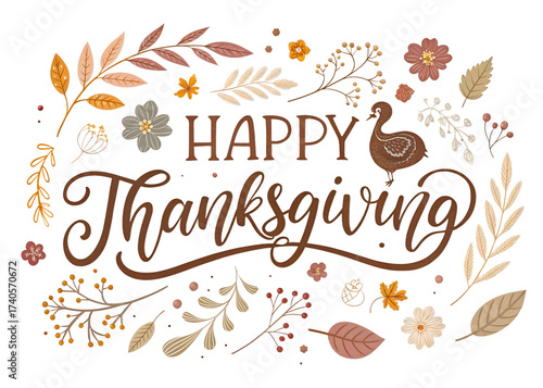 Beautifully illustrated happy thanksgiving text with a turkey and autumn leaves isolated on transparent background