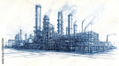 Monochrome sketch of an industrial complex.