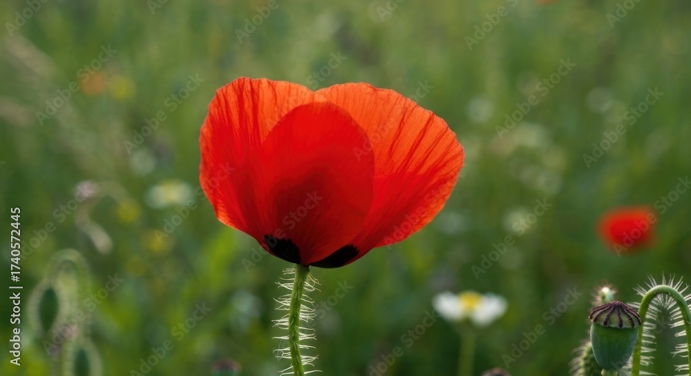 Fototapeta premium Close-up of a vibrant red poppy in a field. Soft-focus background of other wildflowers