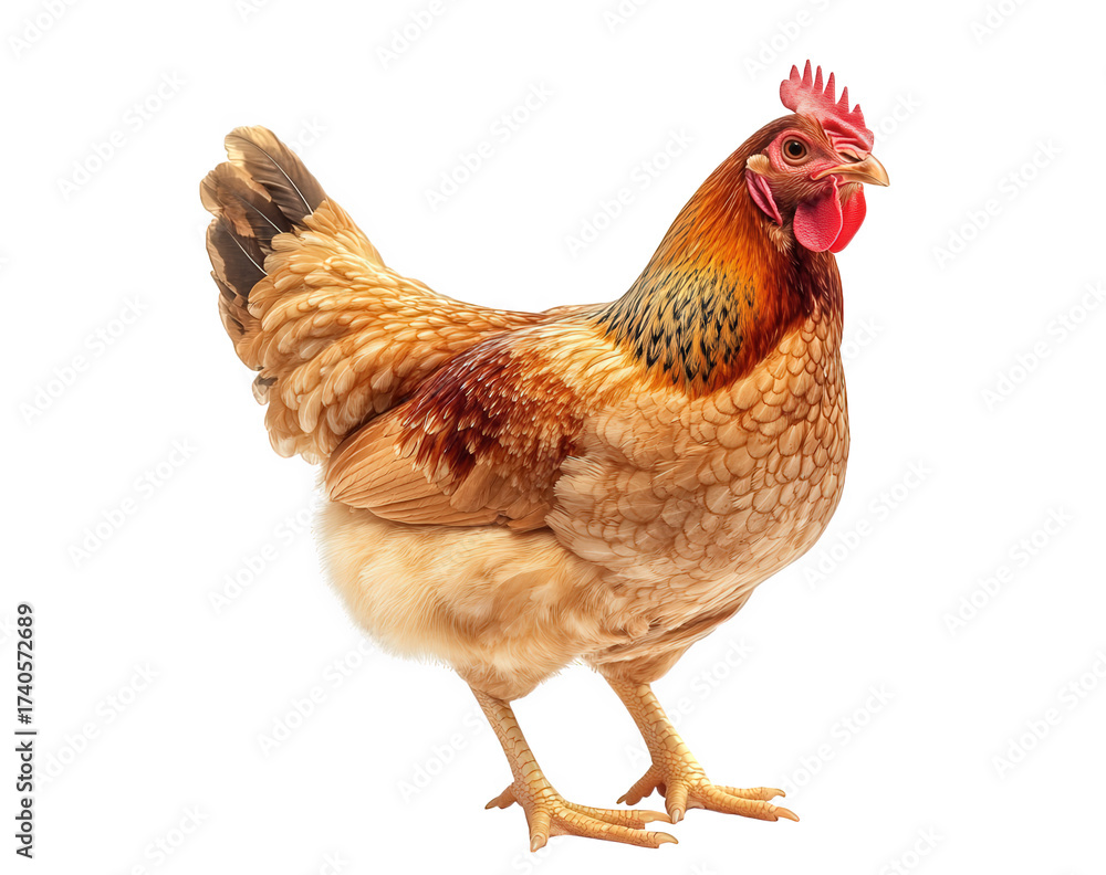 Fototapeta premium A beautiful brown hen isolated on transparent background, standing gracefully with its feathers ruffled and a curious gaze, showcasing the charm of poultry farming