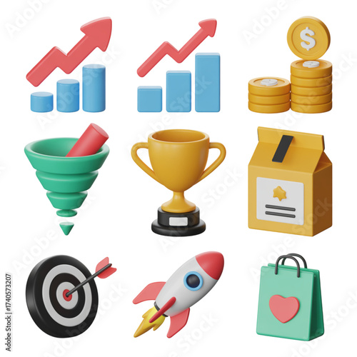 Isometric icons for business growth marketing and sales success with a heart symbol graphic design isolated on a transparent background