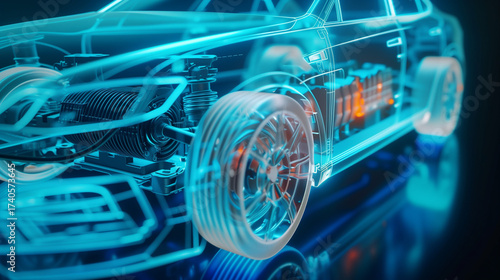 Extreme close-up of EV’s transparent chassis: glowing current lines, spinning rotor, 3D-rendered electric motor with energy flow, cool palette.