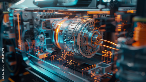 Extreme close-up of EV’s transparent chassis: glowing current lines, spinning rotor, 3D-rendered electric motor with energy flow, cool palette.