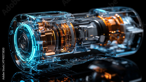 Extreme close-up of EV’s transparent chassis: glowing current lines, spinning rotor, 3D-rendered electric motor with energy flow, cool palette.