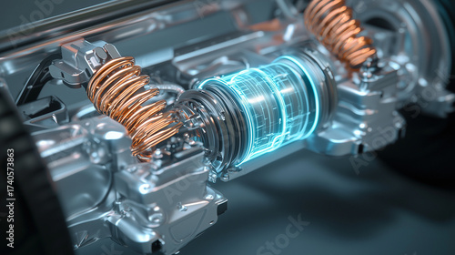 Extreme close-up of EV’s transparent chassis: glowing current lines, spinning rotor, 3D-rendered electric motor with energy flow, cool palette.