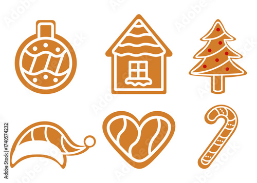 Flat style illustration set of various gingerbread cookies: ornament, house, tree, hat, heart, and candy cane perfect for Christmas, New Year, and winter holiday baking designs.