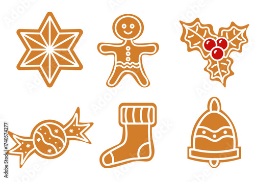 Flat style illustration set of various gingerbread cookies: star, man, holly, candy, stocking, and bell perfect for Christmas, New Year, and winter holiday baking designs.