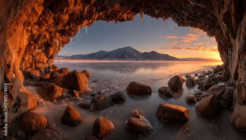 Sunrise bathes a cave in warm light, revealing a frozen lake and distant mountains