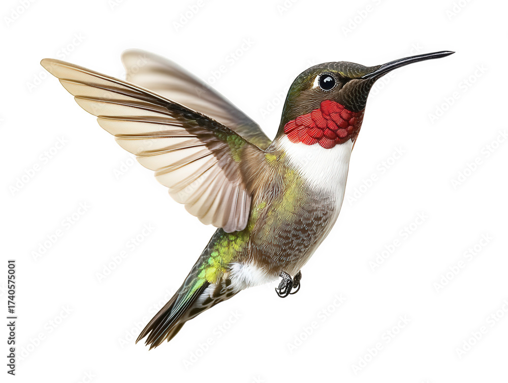 Obraz premium A rubythroated hummingbird in midflight, showcasing its iridescent red throat and green body, wings spread wide, isolated on transparent background