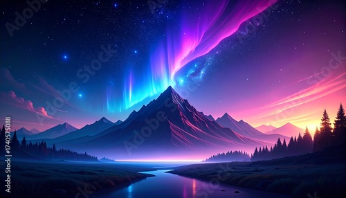 Majestic Aurora Borealis Over Mountain Peaks - A Breathtaking Nightscape.