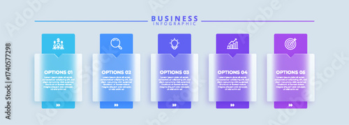 Design template for vector infographic labels with icons and 5 options or steps. Suitable for process diagrams, presentations, workflow layouts, banners, flow charts, and infographics.