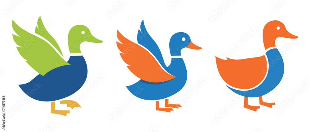 Naklejka premium Three colorful duck icons set, depicting different poses like flying and standing, perfect for a playful bran