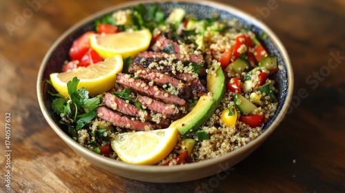 Healthy quinoa steak salad with fresh vegetables