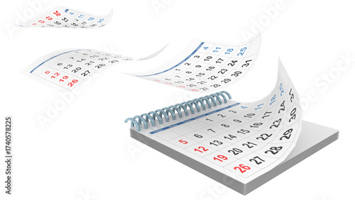 calendar time months pages flying  background - 3d rendering