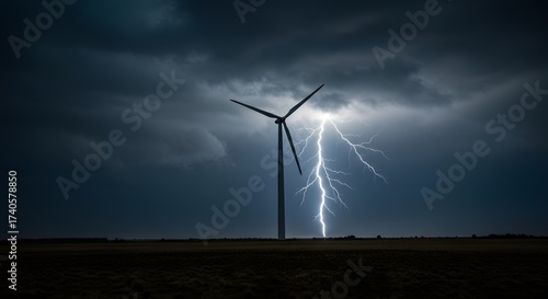 Wind Turbine striking by lightning on a field under a dramatic sky, showing a powerful thunderstorm- with dark moody clouds, landscape orientation and electric energy for