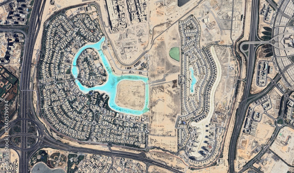 Fototapeta premium Dubai, UAE: High-Resolution Aerial View of Modern Coastal Cityscape and Urban Development