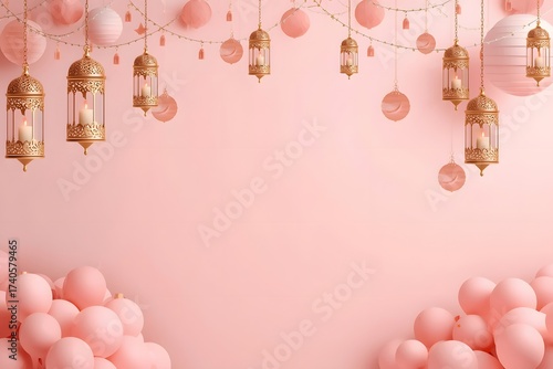 Eid mubarak celebration background with lanterns and moon decorations festive islamic holiday design concept.