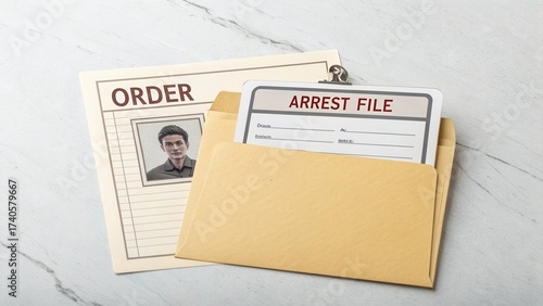 Arrest file and order form displayed on a marble surface showcasing a document folder and identification card