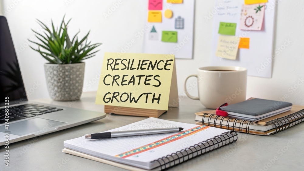 Obraz premium Inspirational Home Office Workspace with Note about Resilience and Growth on Desk Surrounded by Stationery and Plant