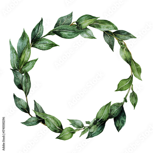 Delicate watercolor wreath of laurel leaves forming a rustic oval ring on transparent background