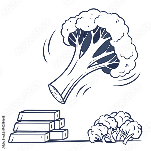 A stylized illustration of a broccoli floret falling towards a stack of rectangular blocks and a pile of smaller broccoli florets