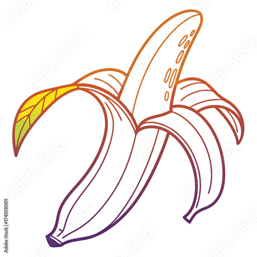 A stylized outline of a partially peeled banana with a gradient of orange to purple colors and a green leaf