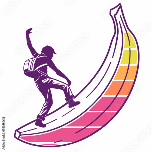 Adventurous hiker with backpack climbs a giant banana with colorful stripes representing progress or stages of a journey