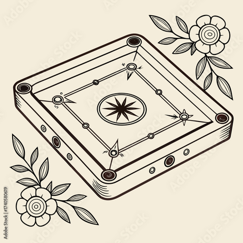A stylized line art illustration of a carrom board with decorative floral elements in a vintage aesthetic