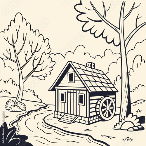 Charming rustic watermill house nestled beside a winding river surrounded by trees and fluffy clouds in a simple line art style