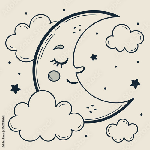 Cute cartoon crescent moon with closed eyes and a gentle smile surrounded by fluffy clouds and twinkling stars on a soft beige background