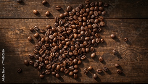 Coffee Beans, roasted Arabica beans with rich brown tones and glossy texture, arranged naturally, highlighting premium quality and authentic coffee visuals