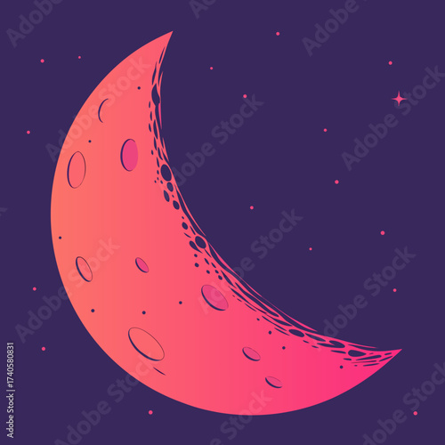 Stylized crescent moon with craters and a gradient of pink and orange hues against a dark purple starry night sky
