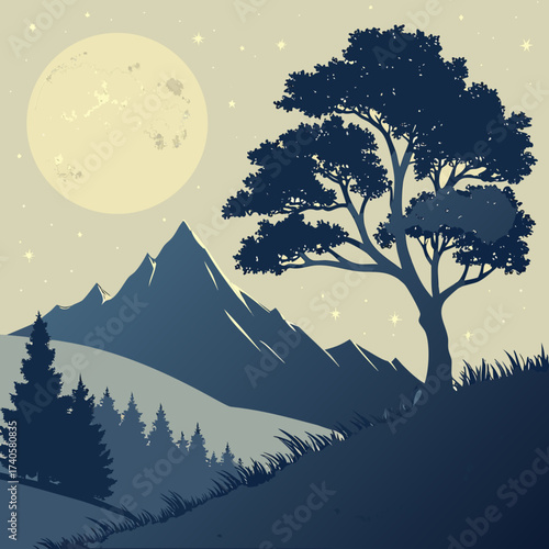 Serene night landscape with a large full moon silhouetted mountains pine trees and a solitary tree on a grassy hill under a starry sky