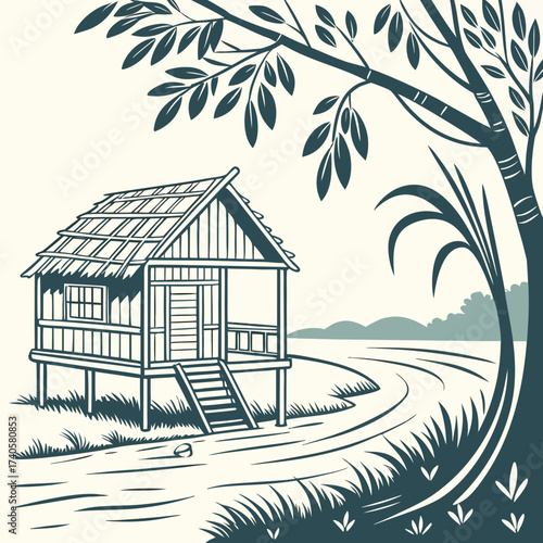 Stylized illustration of a stilted hut with a thatched roof nestled beside a winding path and lush foliage under a large tree