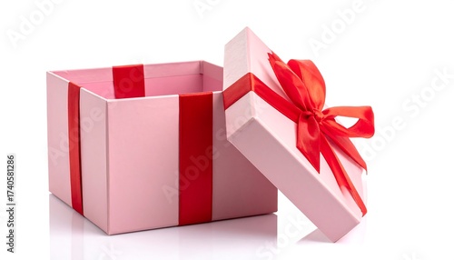 Empty pink gift box with red ribbon and open lid, isolated