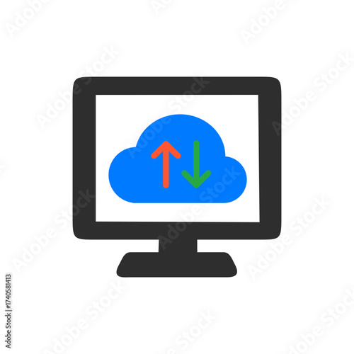 アップロードとダウンロードを示すクラウド付きPCモニターアイコン