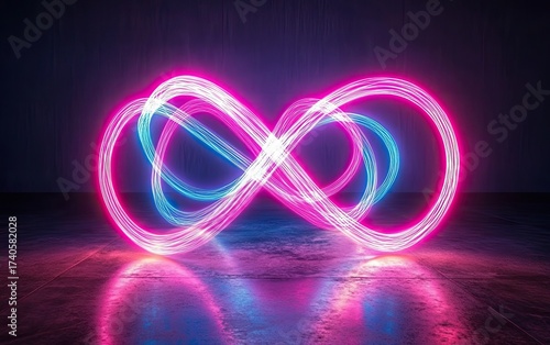 Vibrant Pink and Blue Neon Light Trails Forming an Infinity Symbol.