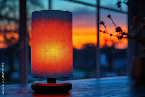 Cozy Table Lamp Glowing Against a Beautiful Sunset.