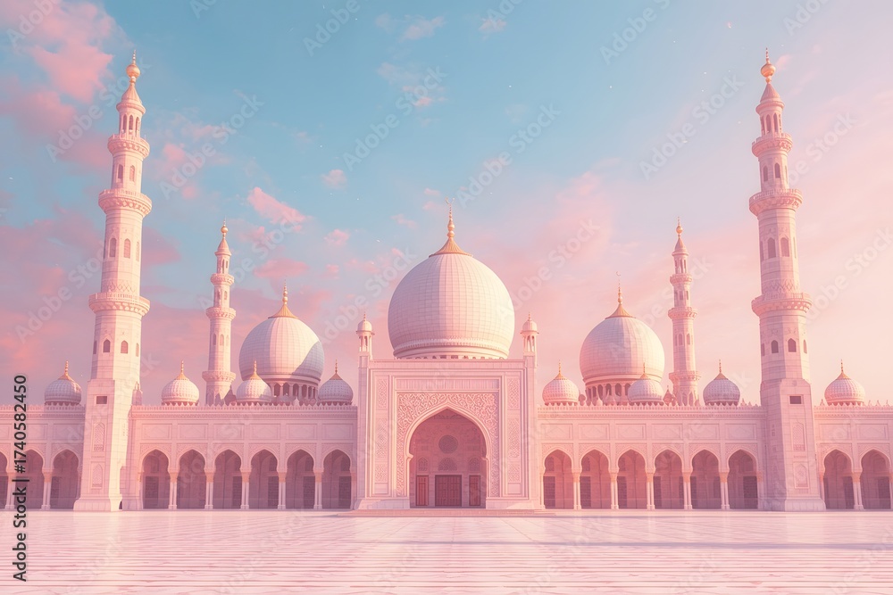 Fototapeta premium Artistic illustration of mosque, Ramadan and Eid vibe, Raya, Islamic background