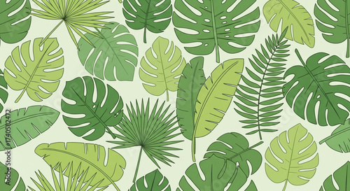 A vibrant, detailed illustration of various tropical leaves scattered across a light background.