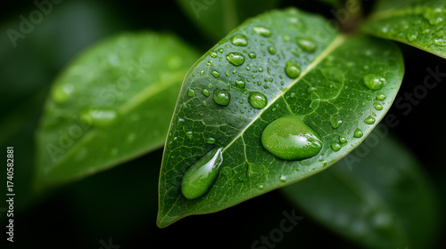 Macro view of green leaf with dew drops