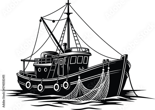 Fishing trawler boat silhouette with a large net, commercial fishing vessel vector icon