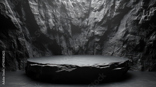 Black stone product display podium in a dark rocky cave.
